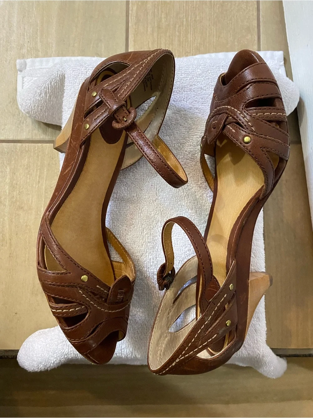 Frye Brown Leather Peep-Toe Ankle Strap Heels